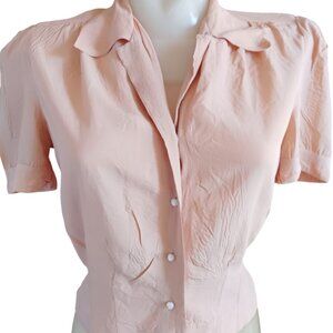 Vintage Small 32 Blouse 1940s Pink Debcraft MCM Nylon Pearl Buttons